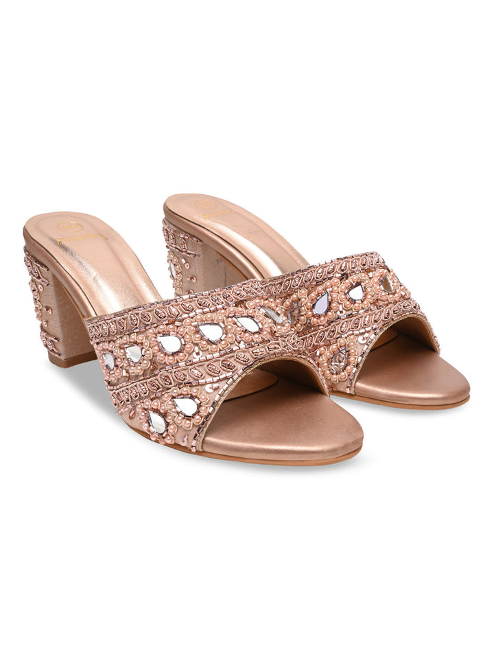Rocia By Regal Rose Gold Women Heavy Embroidered Block Heel Sandals