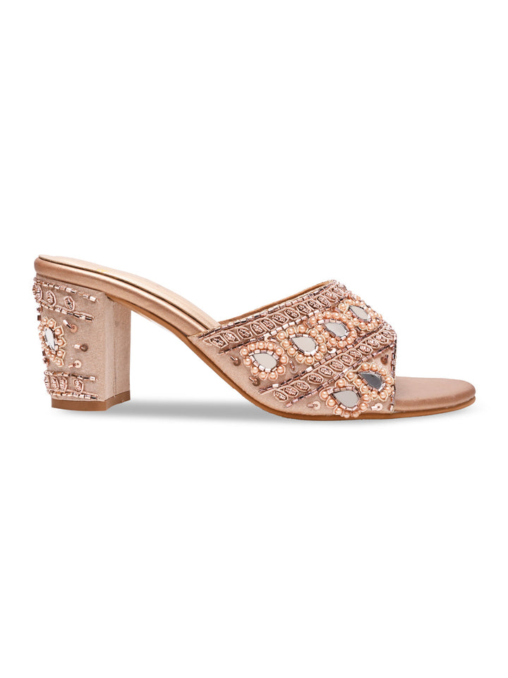 Rocia By Regal Rose Gold Women Heavy Embroidered Block Heel Sandals