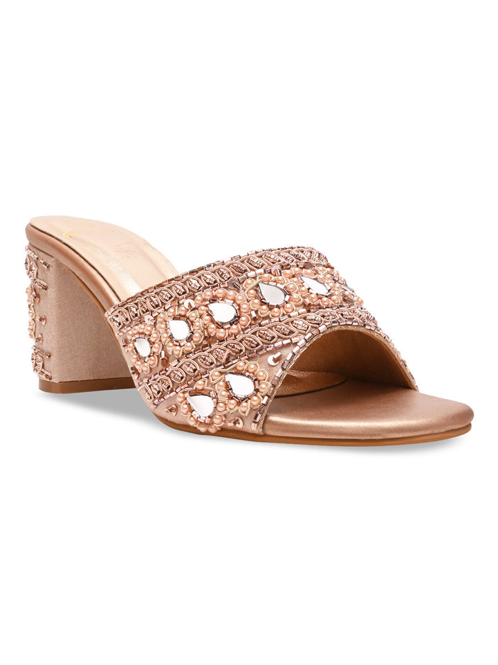 Rocia By Regal Rose Gold Women Heavy Embroidered Block Heel Sandals