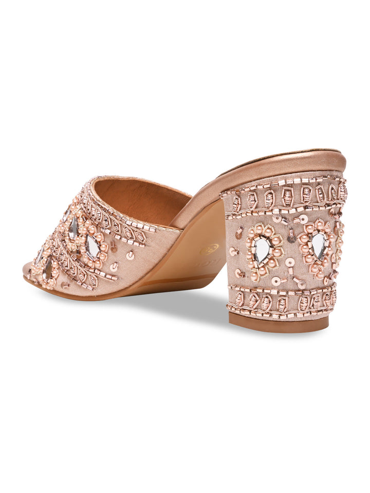 Rocia By Regal Rose Gold Women Heavy Embroidered Block Heel Sandals
