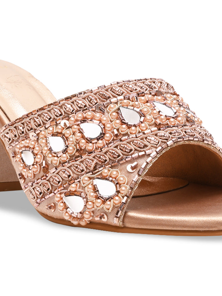 Rocia By Regal Rose Gold Women Heavy Embroidered Block Heel Sandals