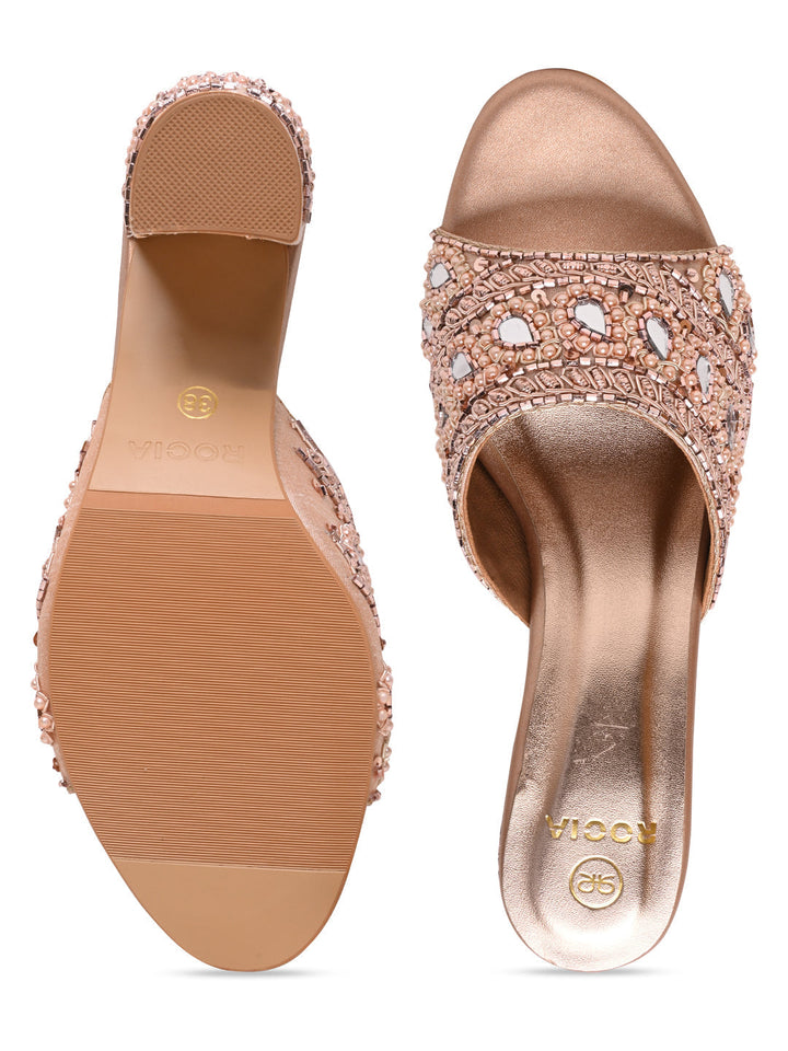 Rocia By Regal Rose Gold Women Heavy Embroidered Block Heel Sandals