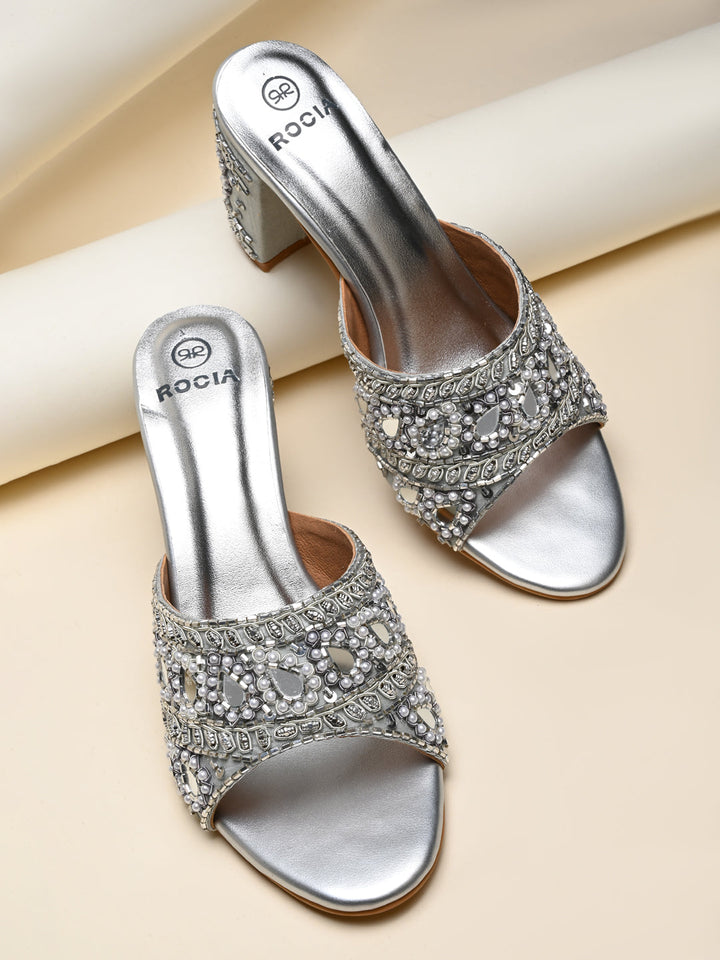 Rocia By Regal Silver Women Heavy Embroidered Block Heel Sandals