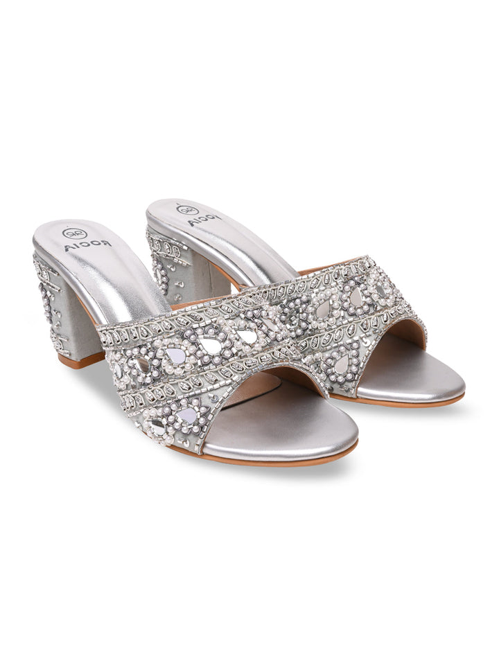 Rocia By Regal Silver Women Heavy Embroidered Block Heel Sandals