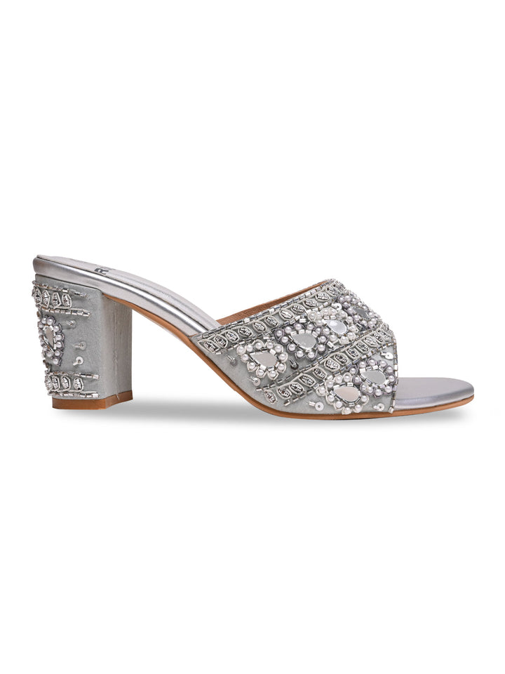 Rocia By Regal Silver Women Heavy Embroidered Block Heel Sandals