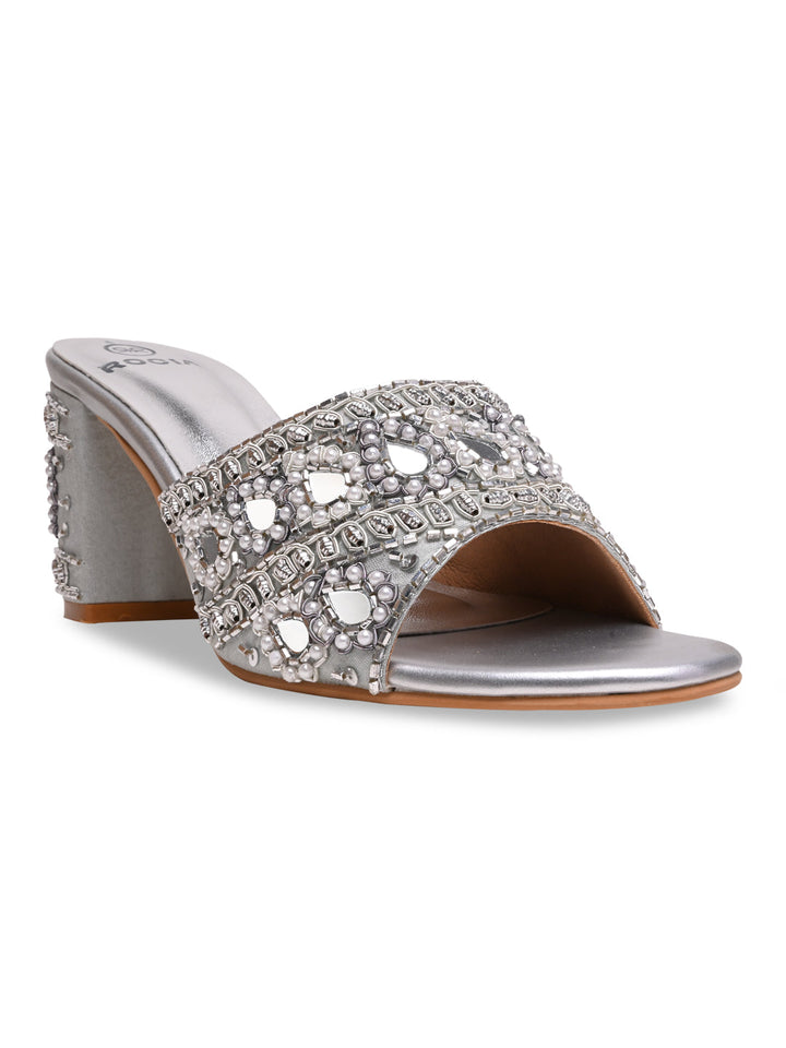 Rocia By Regal Silver Women Heavy Embroidered Block Heel Sandals
