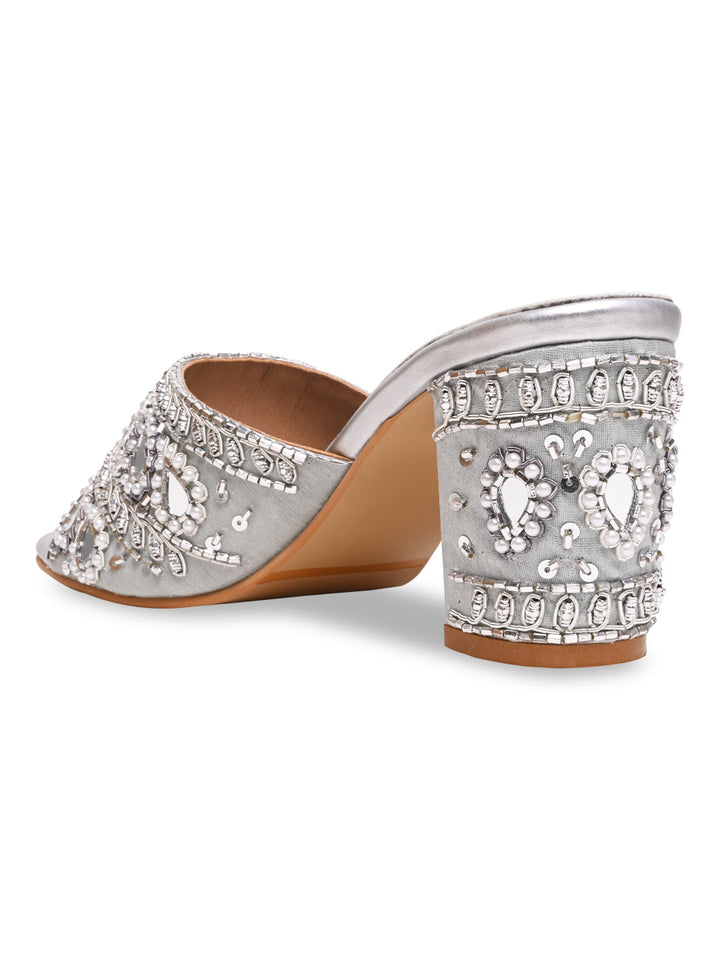 Rocia By Regal Silver Women Heavy Embroidered Block Heel Sandals