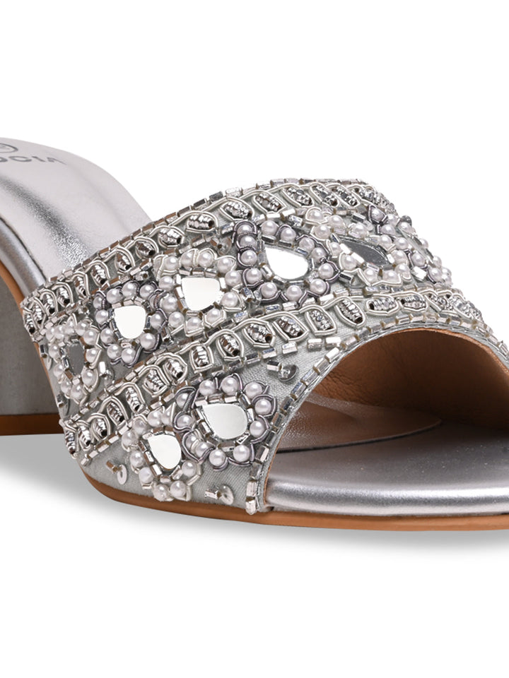 Rocia By Regal Silver Women Heavy Embroidered Block Heel Sandals