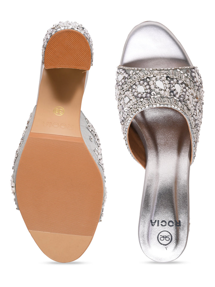 Rocia By Regal Silver Women Heavy Embroidered Block Heel Sandals