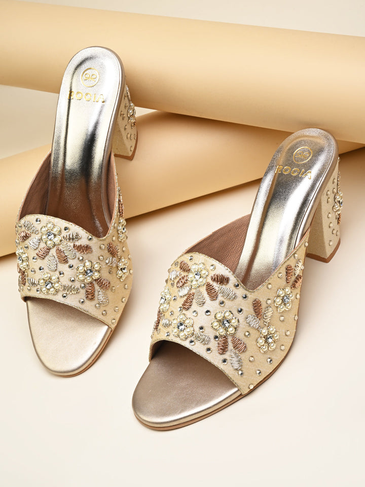 Rocia By Regal Gold Women Heavy Embroidered Block Heel Sandals