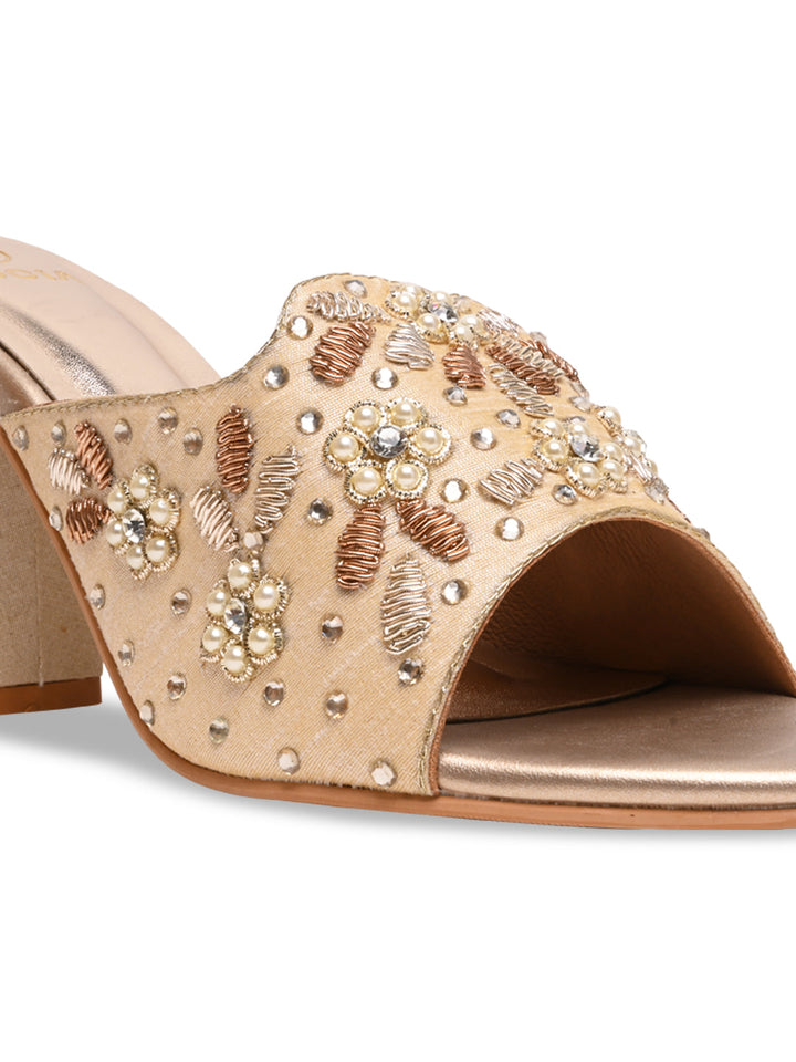 Rocia By Regal Gold Women Heavy Embroidered Block Heel Sandals