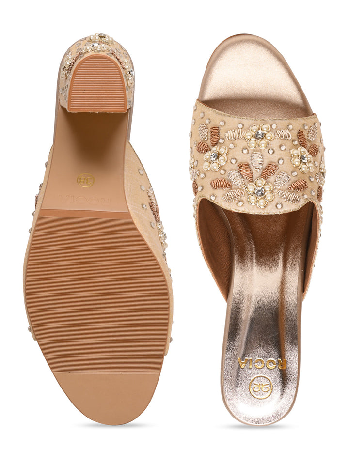 Rocia By Regal Gold Women Heavy Embroidered Block Heel Sandals