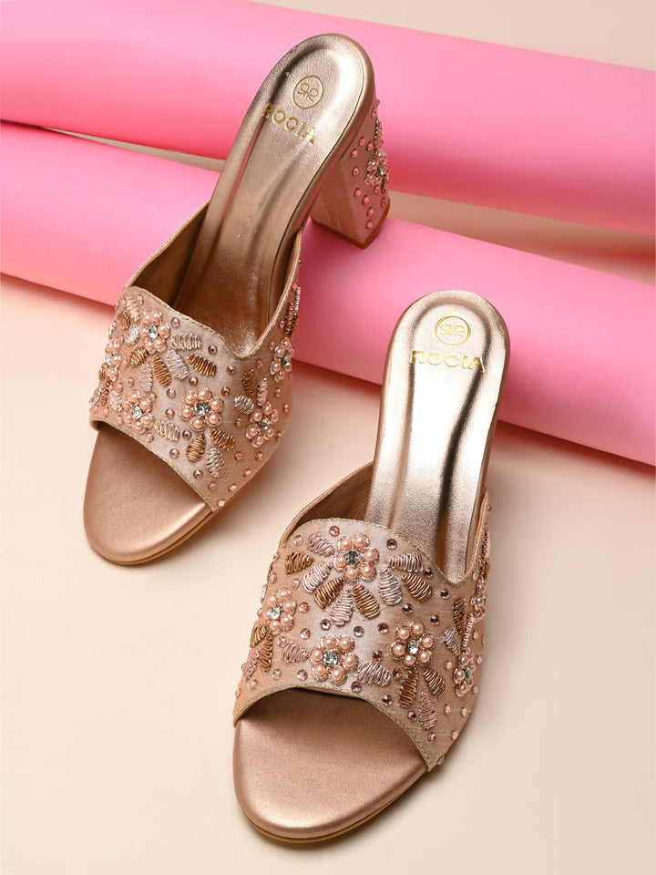 Rocia By Regal Rose Gold Women Heavy Embroidered Block Heel Sandals
