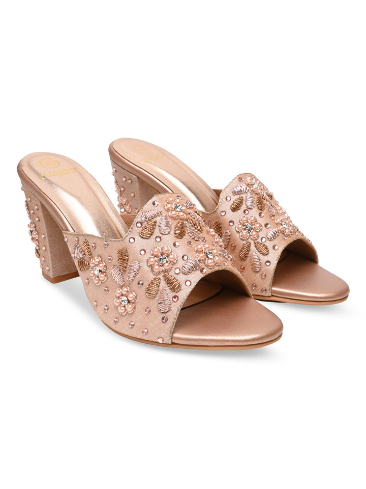 Rocia By Regal Rose Gold Women Heavy Embroidered Block Heel Sandals