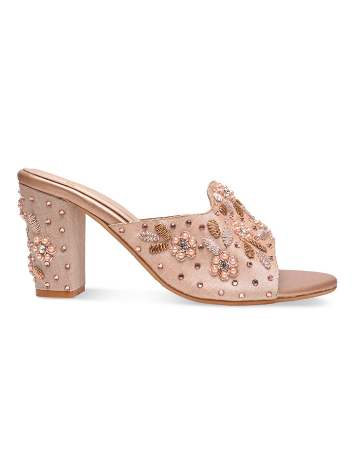 Rocia By Regal Rose Gold Women Heavy Embroidered Block Heel Sandals
