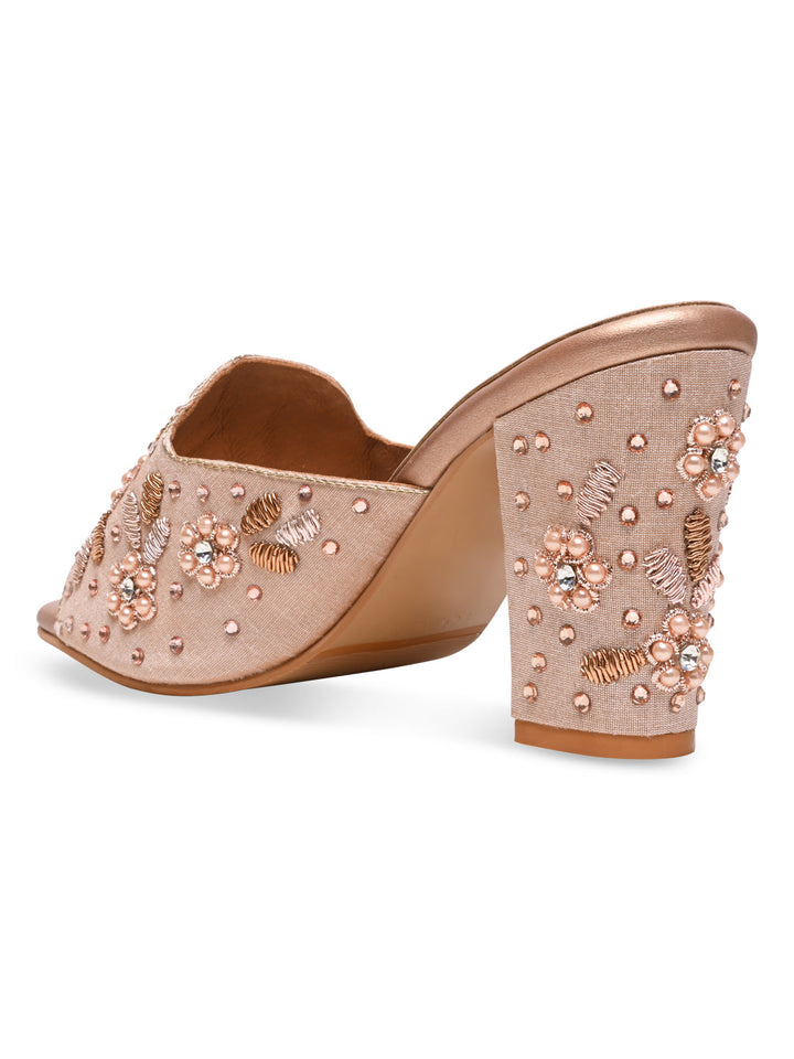 Rocia By Regal Rose Gold Women Heavy Embroidered Block Heel Sandals