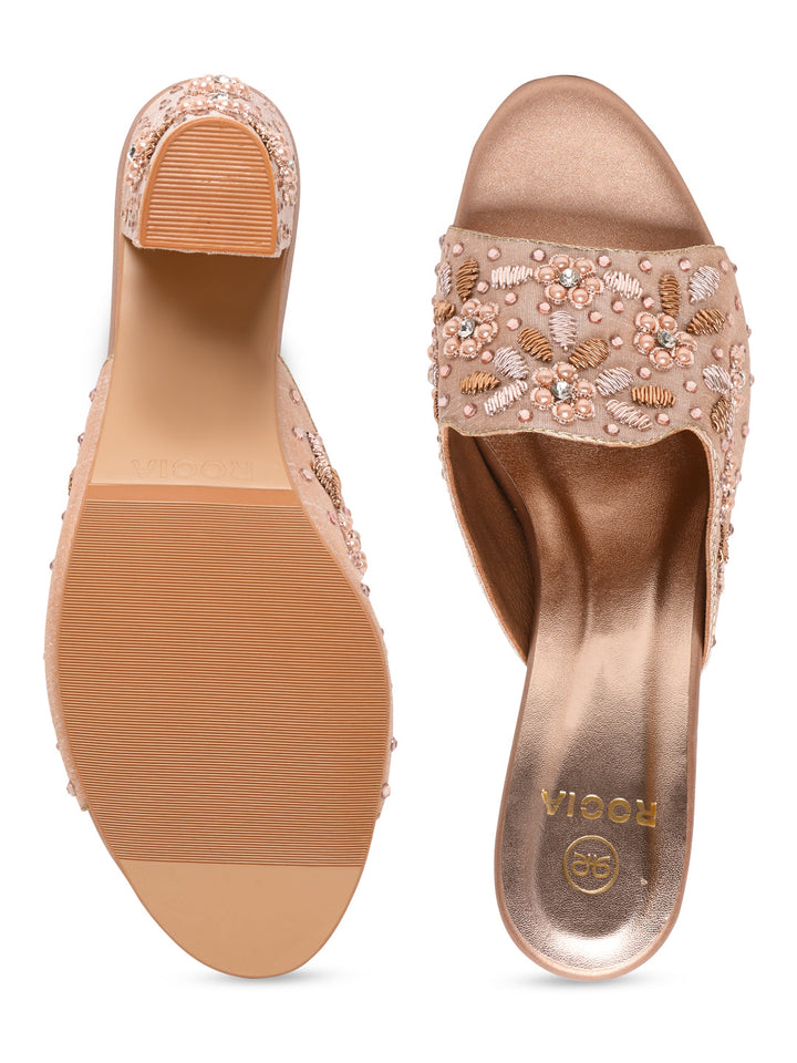 Rocia By Regal Rose Gold Women Heavy Embroidered Block Heel Sandals