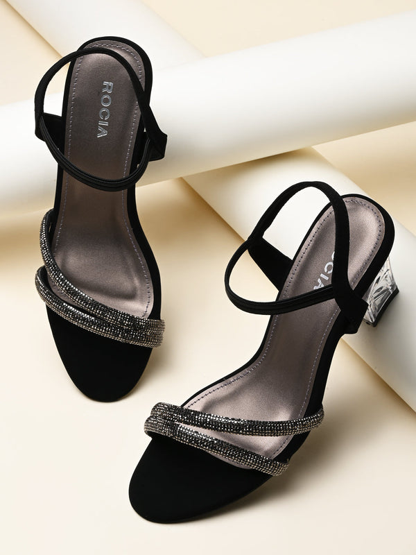 Rocia By Regal Black Women Diamante Strap Block Heel Sandals