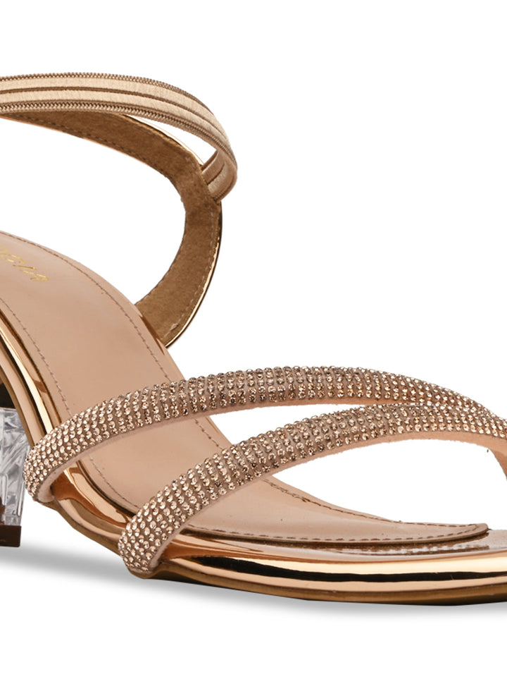 Rocia By Regal Rose Gold Women Diamante Strap Block Heel Sandals