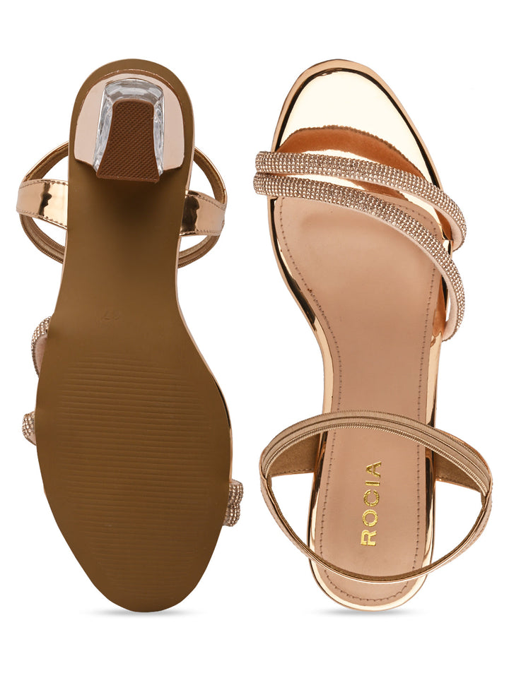 Rocia By Regal Rose Gold Women Diamante Strap Block Heel Sandals