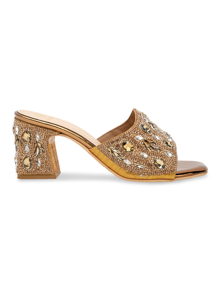 Rocia By Regal Antique Gold Women Heavy Diamond Encrusted High Heel Sandals
