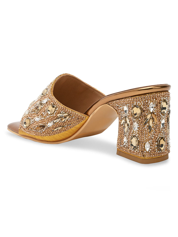 Rocia By Regal Antique Gold Women Heavy Diamond Encrusted High Heel Sandals