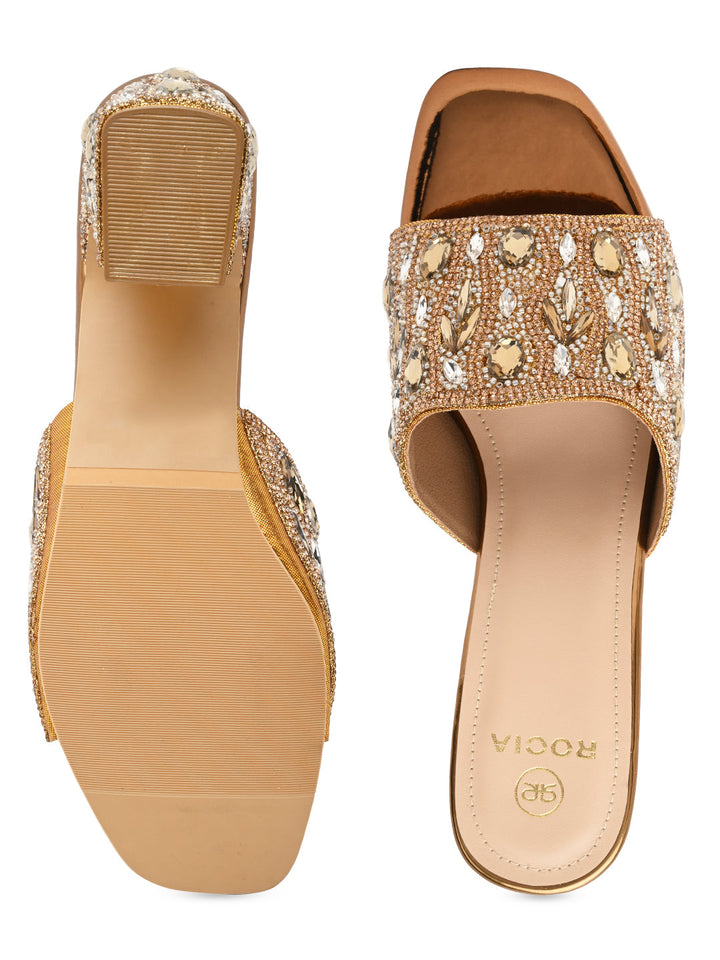 Rocia By Regal Antique Gold Women Heavy Diamond Encrusted High Heel Sandals