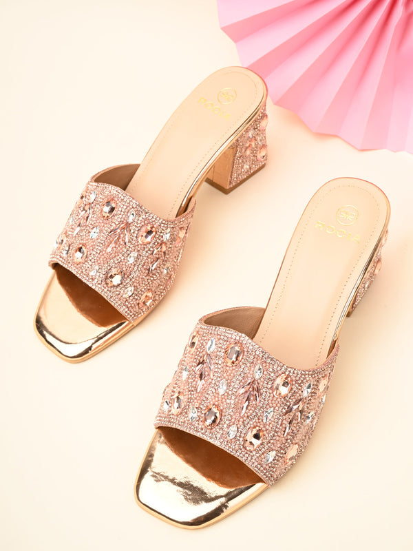 Rocia By Regal Rose Gold Women Heavy Diamond Encrusted High Heel Sandals