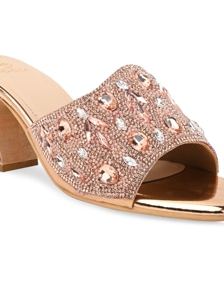 Rocia By Regal Rose Gold Women Heavy Diamond Encrusted High Heel Sandals