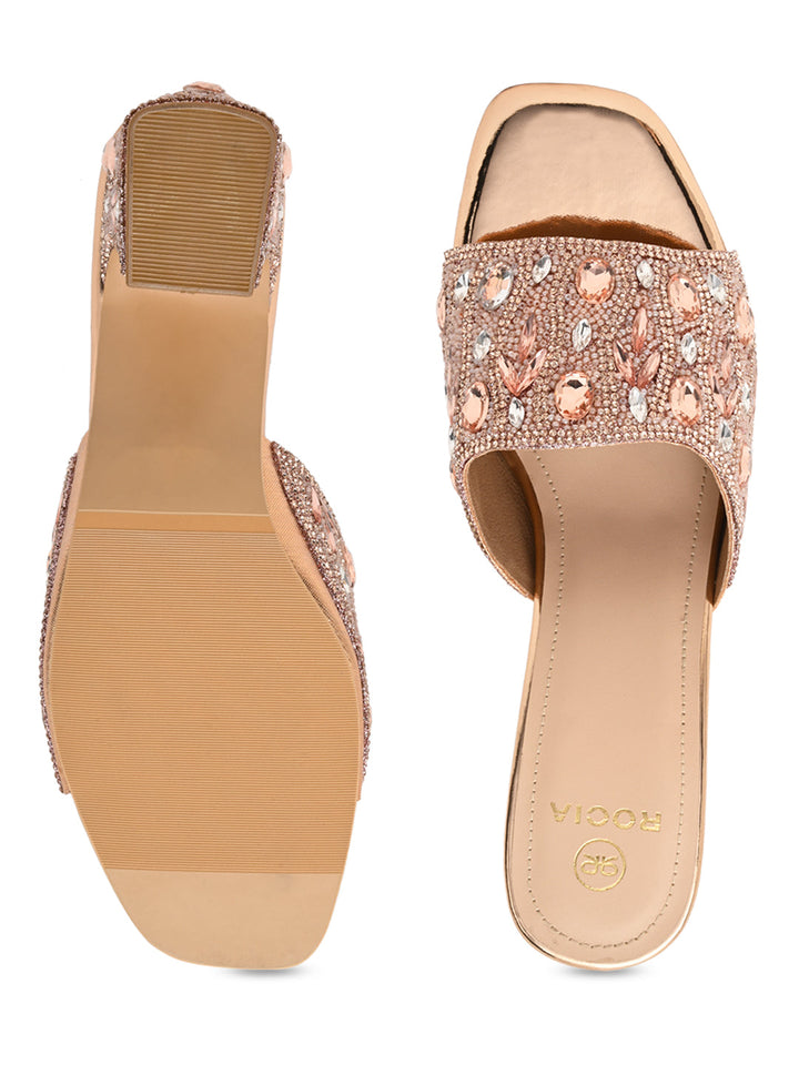 Rocia By Regal Rose Gold Women Heavy Diamond Encrusted High Heel Sandals