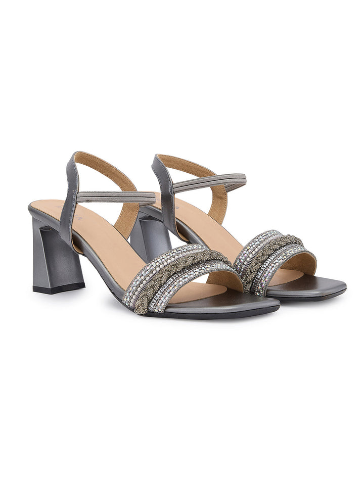 Rocia By Regal Gun Metal Women Diamond Encrusted High Heel Sandals