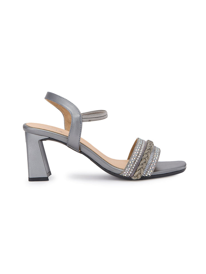 Rocia By Regal Gun Metal Women Diamond Encrusted High Heel Sandals