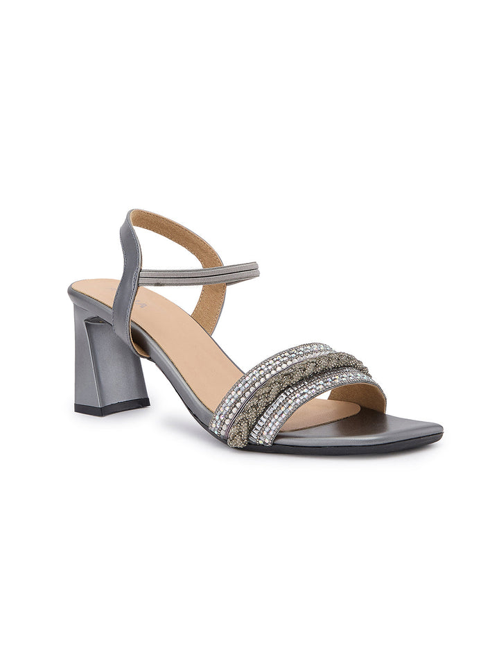 Rocia By Regal Gun Metal Women Diamond Encrusted High Heel Sandals