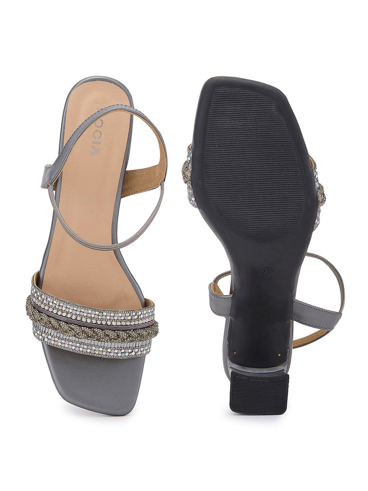 Rocia By Regal Gun Metal Women Diamond Encrusted High Heel Sandals