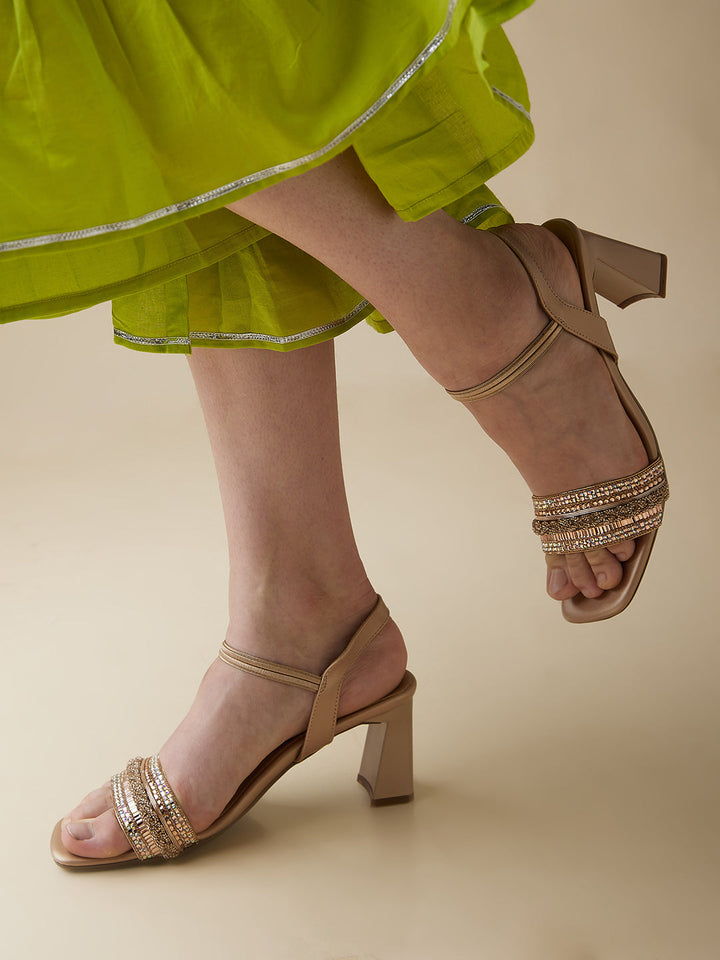 Rocia By Regal Rose Gold Women Diamond Encrusted High Heel Sandals