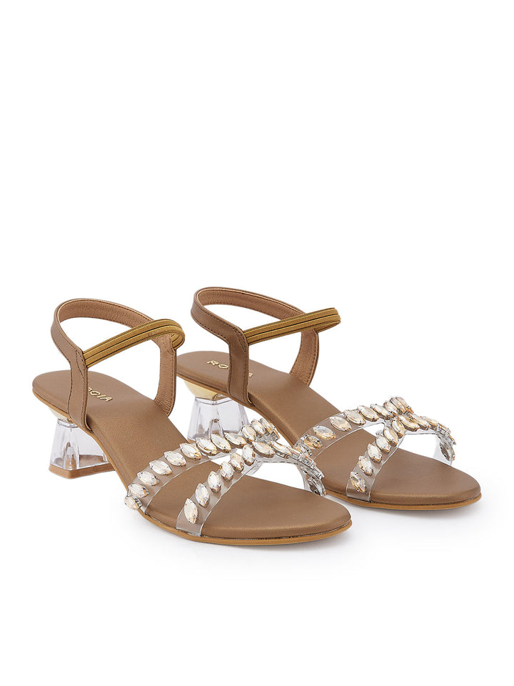 Rocia By Regal Antique Gold Women Vinyl Studded Block Heel Sandals