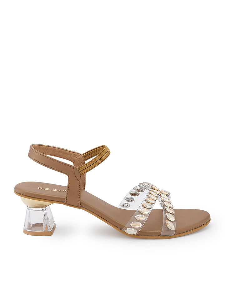 Rocia By Regal Antique Gold Women Vinyl Studded Block Heel Sandals