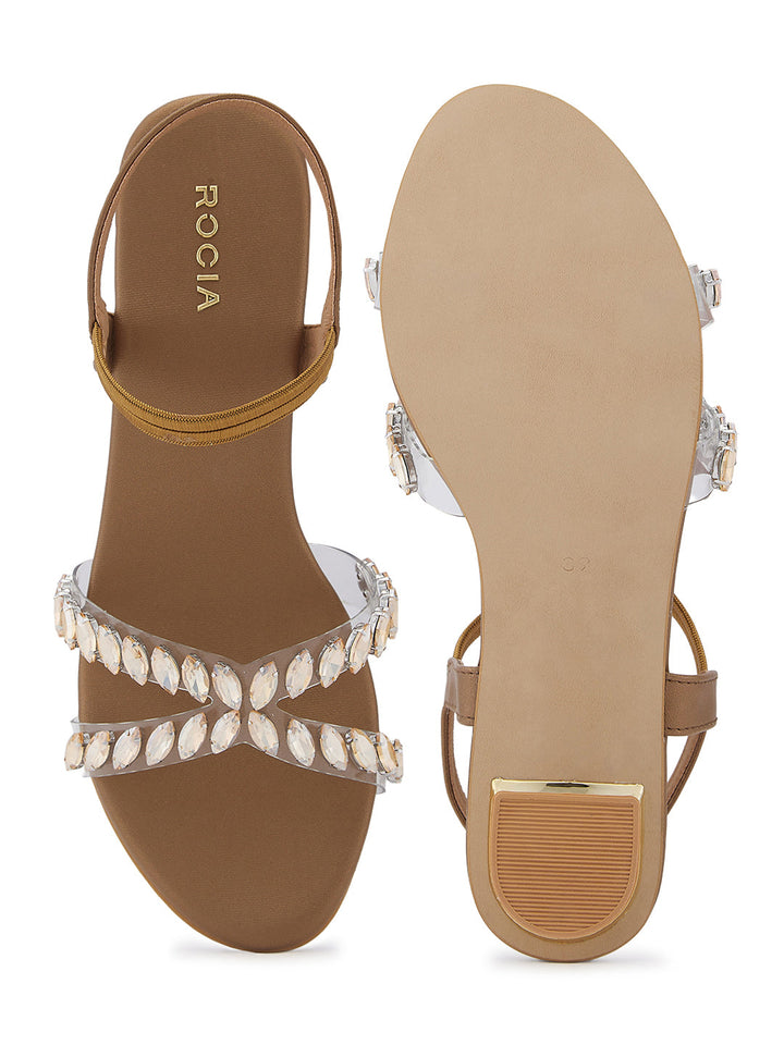 Rocia By Regal Antique Gold Women Vinyl Studded Block Heel Sandals