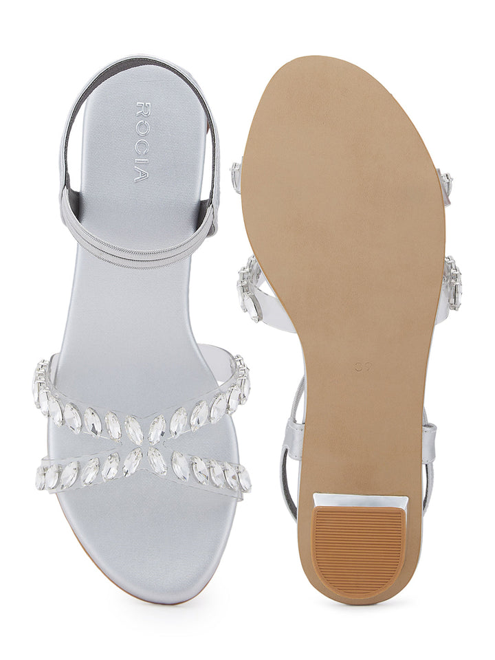 Rocia By Regal Silver Women Vinyl Studded Block Heel Sandals