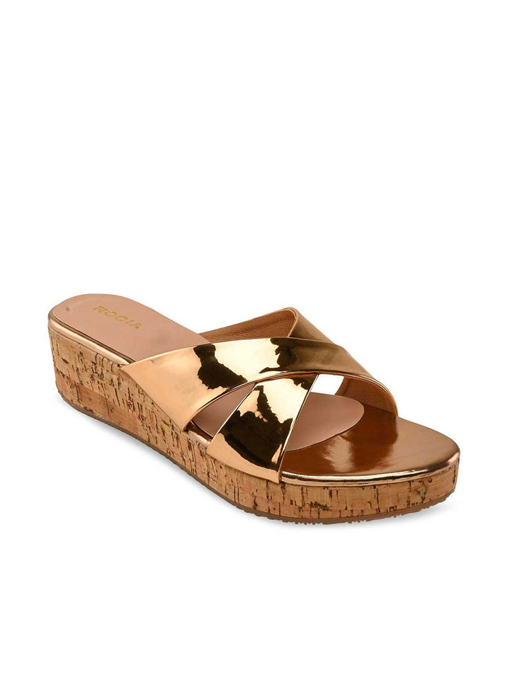 Rocia By Regal Champagne Women Criss Cross Shimmery Wedges