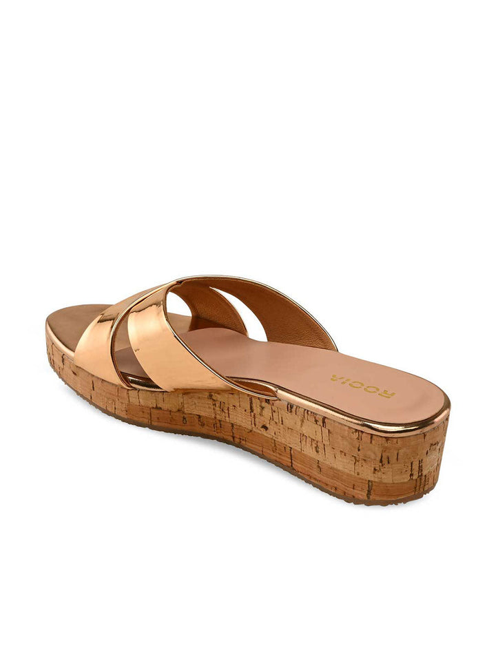 Rocia By Regal Champagne Women Criss Cross Shimmery Wedges