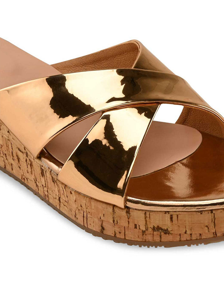 Rocia By Regal Champagne Women Criss Cross Shimmery Wedges