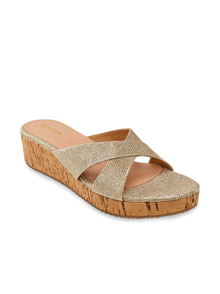 Rocia By Regal Gold Women Criss Cross Shimmery Wedges