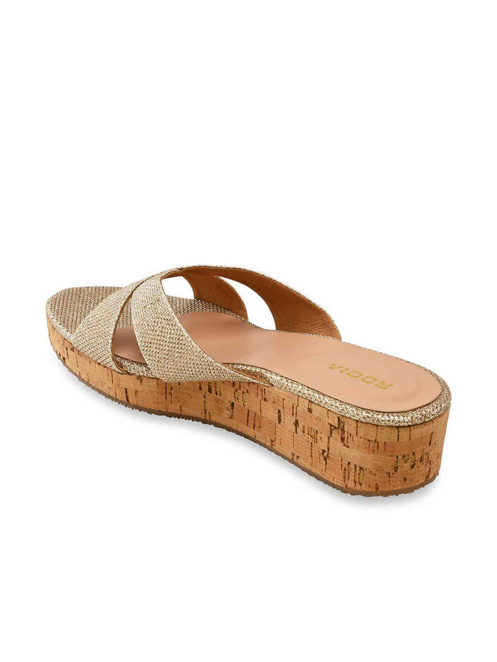 Rocia By Regal Gold Women Criss Cross Shimmery Wedges