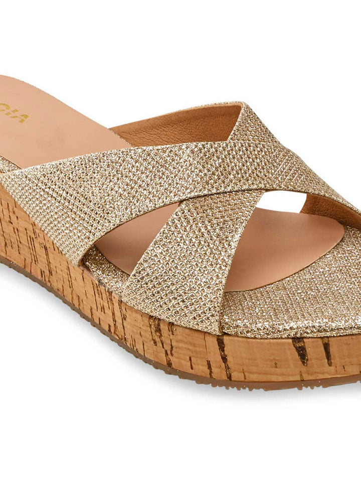 Rocia By Regal Gold Women Criss Cross Shimmery Wedges