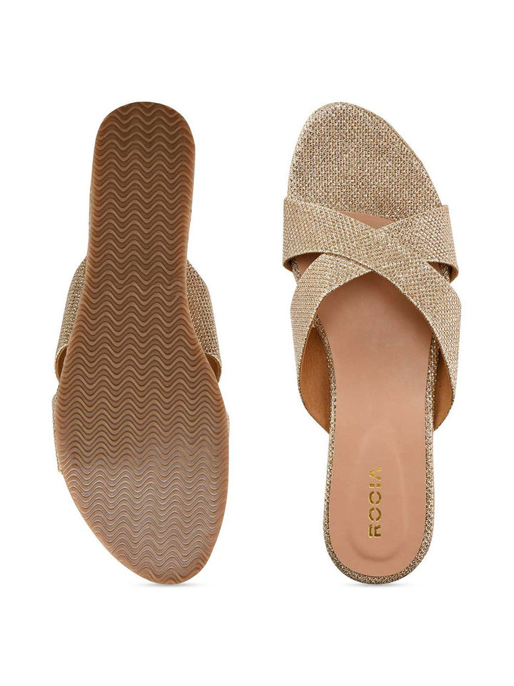 Rocia By Regal Gold Women Criss Cross Shimmery Wedges