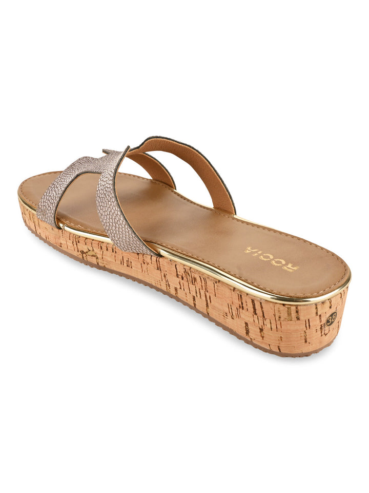 Rocia By Regal Antique Gold Women Textured Slip On Sandals