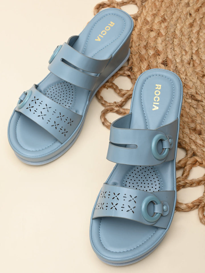 Rocia By Regal Blue Women Casual Laser Cut Wedges