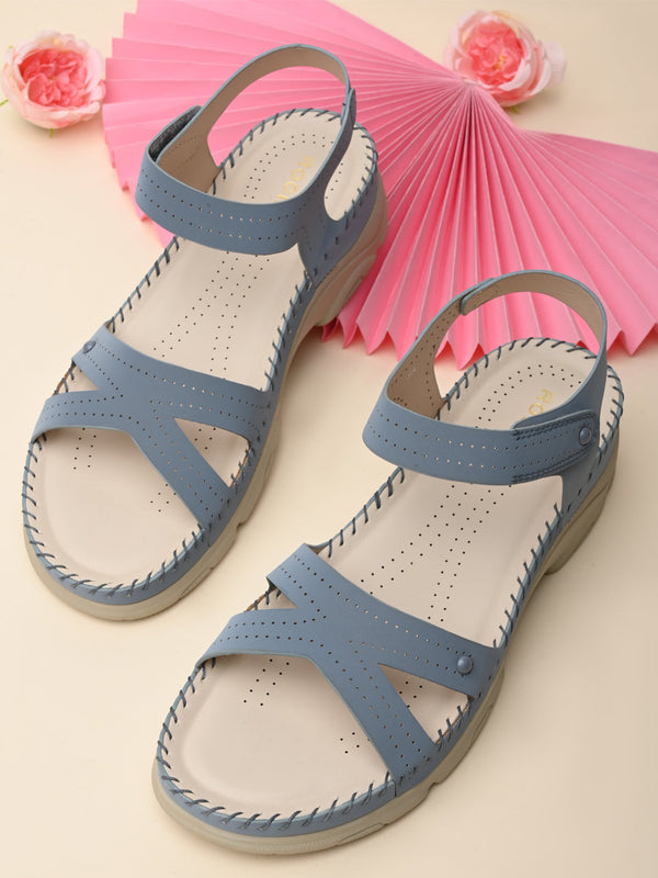 Rocia By Regal Blue Women Casual Laser Cut Wedge Sandals