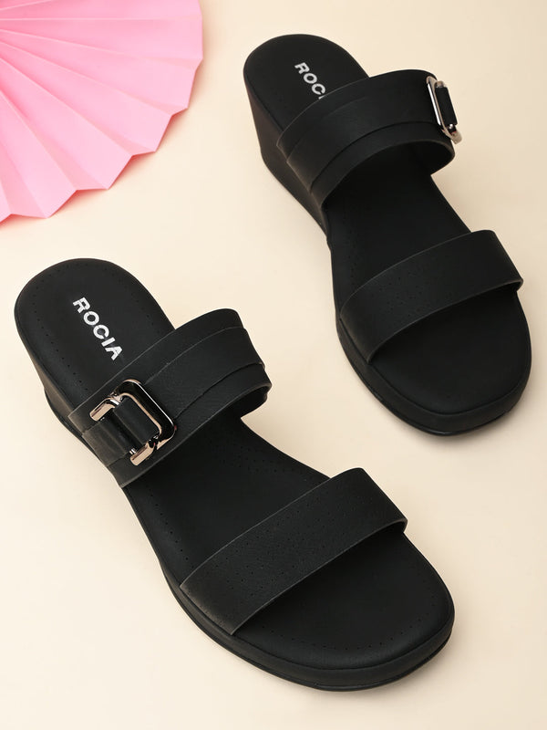 Rocia By Regal Black Women Classy Buckled Wedges